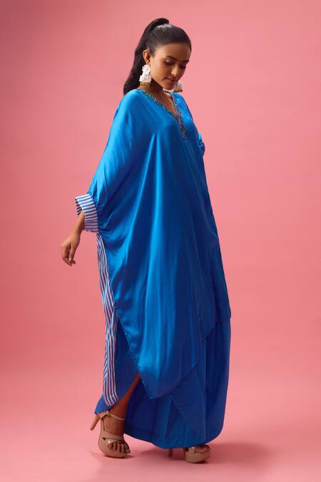 Buy Nikasha Blue Modal, Silk Satin, Poplin Sequins Neckline Embroidered Kaftan With Pant Online at Aza Fashions Buy_Nikasha_Blue Modal, Silk Satin, Poplin Sequins Neckline Embroidered Kaftan With Pant _Online_at_Aza_Fashions