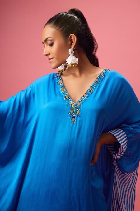 Shop Nikasha Blue Modal, Silk Satin, Poplin Sequins Neckline Embroidered Kaftan With Pant Online at Aza Fashions Shop_Nikasha_Blue Modal, Silk Satin, Poplin Sequins Neckline Embroidered Kaftan With Pant _Online_at_Aza_Fashions