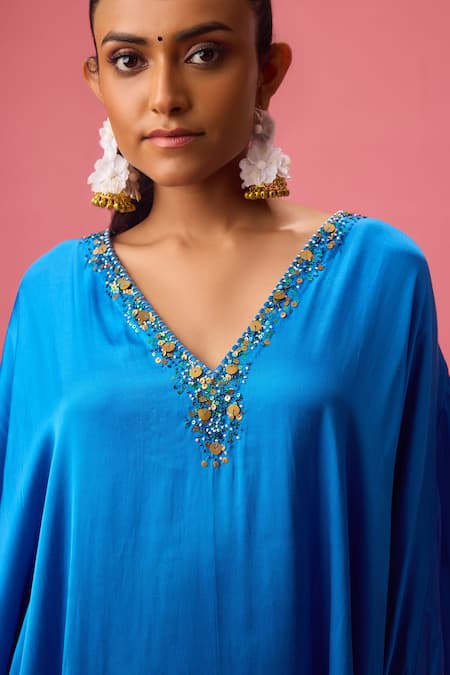 Nikasha Blue Modal, Silk Satin, Poplin Sequins Neckline Embroidered Kaftan With Pant at Aza Fashions Nikasha_Blue Modal, Silk Satin, Poplin Sequins Neckline Embroidered Kaftan With Pant _at_Aza_Fashions