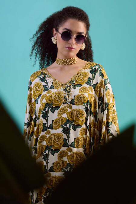 Nikasha_Yellow V-neck Floral Print Kaftan With Pant _Online_at_Aza_Fashions