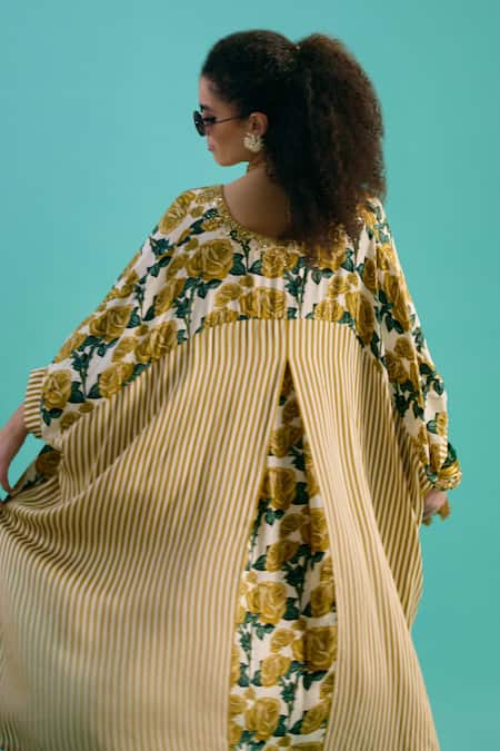 Shop_Nikasha_Yellow V-neck Floral Print Kaftan With Pant _at_Aza_Fashions