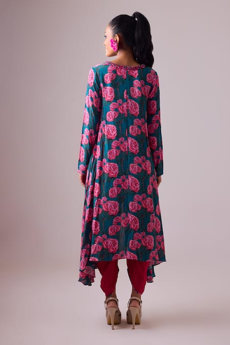 Shop Nikasha Pink Georgette, Silk V-neck Gullista Print Asymmetric Kurta With Dhoti Pant at Aza Fashions Shop_Nikasha_Pink Georgette, Silk V-neck Gullista Print Asymmetric Kurta With Dhoti Pant _at_Aza_Fashions