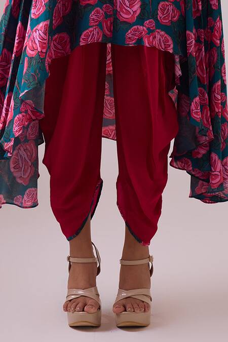 Nikasha Pink Georgette, Silk V-neck Gullista Print Asymmetric Kurta With Dhoti Pant Online at Aza Fashions Nikasha_Pink Georgette, Silk V-neck Gullista Print Asymmetric Kurta With Dhoti Pant _Online_at_Aza_Fashions