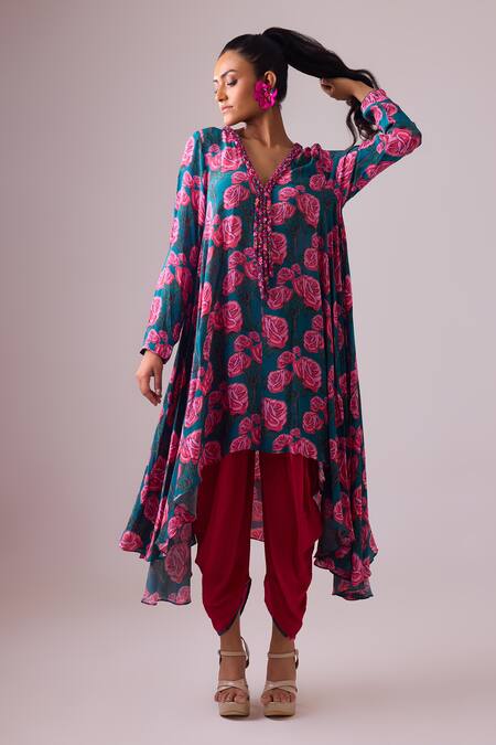 Buy Nikasha Pink Georgette, Silk V-neck Gullista Print Asymmetric Kurta With Dhoti Pant Online at Aza Fashions Buy_Nikasha_Pink Georgette, Silk V-neck Gullista Print Asymmetric Kurta With Dhoti Pant _Online_at_Aza_Fashions