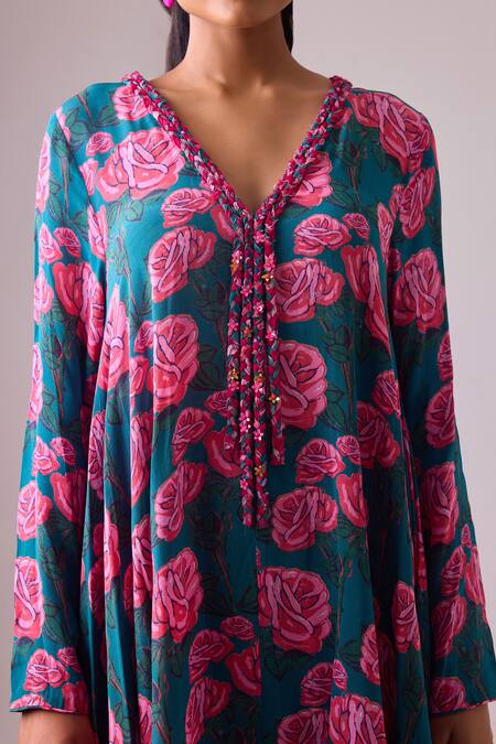 Shop Nikasha Pink Georgette, Silk V-neck Gullista Print Asymmetric Kurta With Dhoti Pant Online at Aza Fashions Shop_Nikasha_Pink Georgette, Silk V-neck Gullista Print Asymmetric Kurta With Dhoti Pant _Online_at_Aza_Fashions