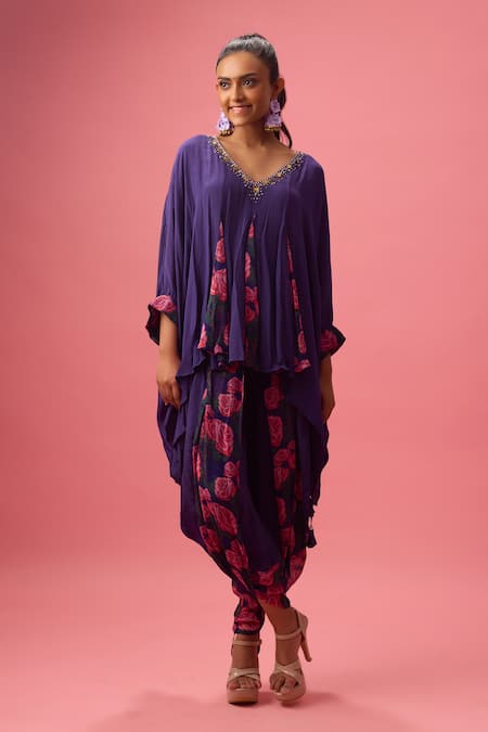 Shop Nikasha Purple Georgette, Floret Print Asymmetric Godet Kaftan Tunic With Dhoti Pant at Aza Fashions Shop_Nikasha_Purple Georgette, Floret Print Asymmetric Godet Kaftan Tunic With Dhoti Pant _at_Aza_Fashions