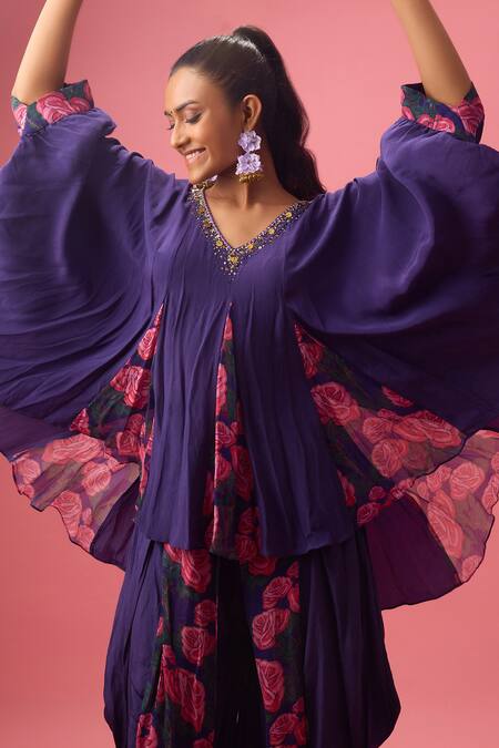 Nikasha Purple Georgette, Floret Print Asymmetric Godet Kaftan Tunic With Dhoti Pant Online at Aza Fashions Nikasha_Purple Georgette, Floret Print Asymmetric Godet Kaftan Tunic With Dhoti Pant _Online_at_Aza_Fashions