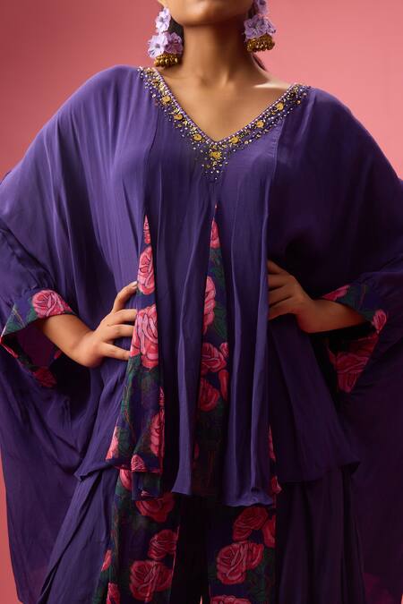Shop Nikasha Purple Georgette, Floret Print Asymmetric Godet Kaftan Tunic With Dhoti Pant Online at Aza Fashions Shop_Nikasha_Purple Georgette, Floret Print Asymmetric Godet Kaftan Tunic With Dhoti Pant _Online_at_Aza_Fashions