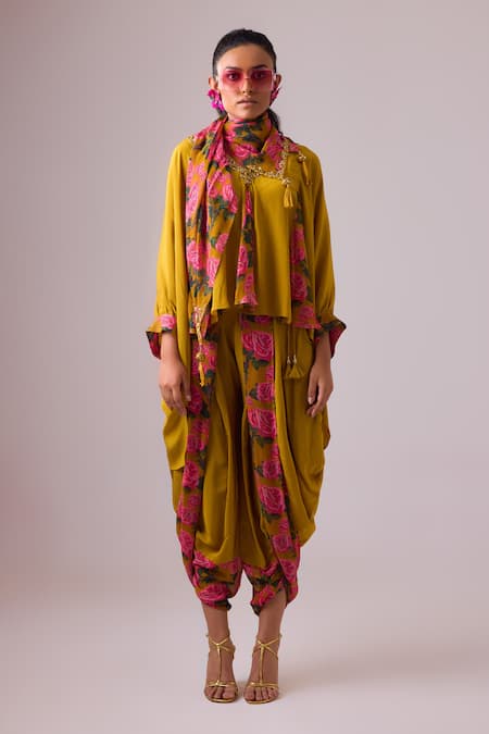 Nikasha Yellow Flora Bloom Print Asymmetric Godet Kaftan Tunic With Dhoti Pant Online at Aza Fashions Nikasha_Yellow Flora Bloom Print Asymmetric Godet Kaftan Tunic With Dhoti Pant _Online_at_Aza_Fashions