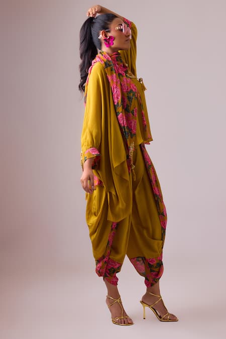 Buy Nikasha Yellow Flora Bloom Print Asymmetric Godet Kaftan Tunic With Dhoti Pant Online at Aza Fashions Buy_Nikasha_Yellow Flora Bloom Print Asymmetric Godet Kaftan Tunic With Dhoti Pant _Online_at_Aza_Fashions