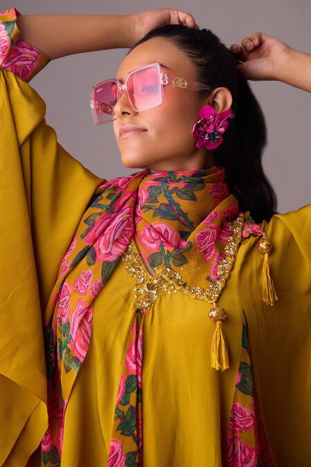 Shop Nikasha Yellow Flora Bloom Print Asymmetric Godet Kaftan Tunic With Dhoti Pant Online at Aza Fashions Shop_Nikasha_Yellow Flora Bloom Print Asymmetric Godet Kaftan Tunic With Dhoti Pant _Online_at_Aza_Fashions