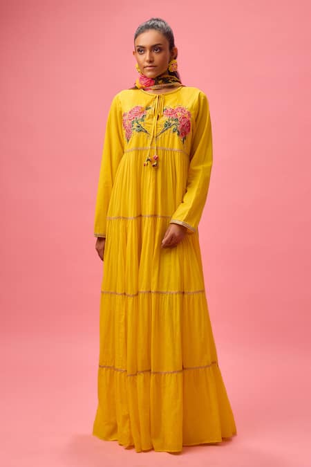 Nikasha Yellow 100% Pure Georgette Embroidery Applique Tiered Anarkali With Dupatta 