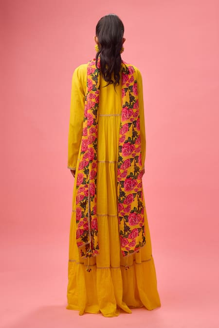 Shop Nikasha Yellow Georgette, Cotton Embroidery Rose Applique Tiered Anarkali With Dupatta at Aza Fashions Shop_Nikasha_Yellow Georgette, Cotton Embroidery Rose Applique Tiered Anarkali With Dupatta _at_Aza_Fashions