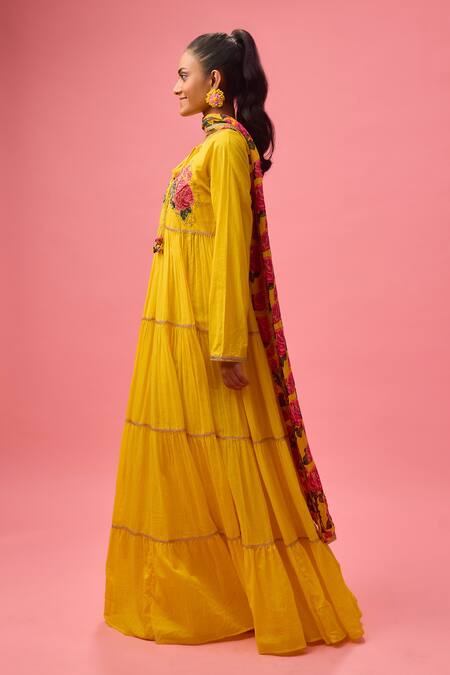 Nikasha Yellow Georgette, Cotton Embroidery Rose Applique Tiered Anarkali With Dupatta Online at Aza Fashions Nikasha_Yellow Georgette, Cotton Embroidery Rose Applique Tiered Anarkali With Dupatta _Online_at_Aza_Fashions
