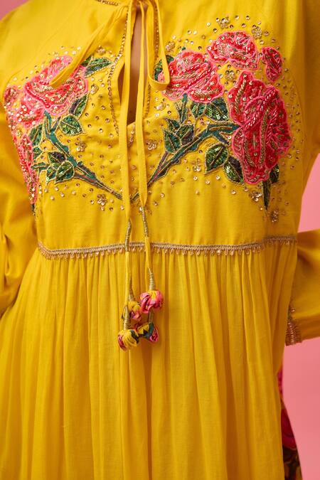 Buy Nikasha Yellow Georgette, Cotton Embroidery Rose Applique Tiered Anarkali With Dupatta Online at Aza Fashions Buy_Nikasha_Yellow Georgette, Cotton Embroidery Rose Applique Tiered Anarkali With Dupatta _Online_at_Aza_Fashions