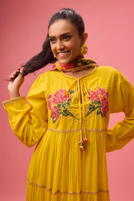 Shop Nikasha Yellow Georgette, Cotton Embroidery Rose Applique Tiered Anarkali With Dupatta Online at Aza Fashions Shop_Nikasha_Yellow Georgette, Cotton Embroidery Rose Applique Tiered Anarkali With Dupatta _Online_at_Aza_Fashions