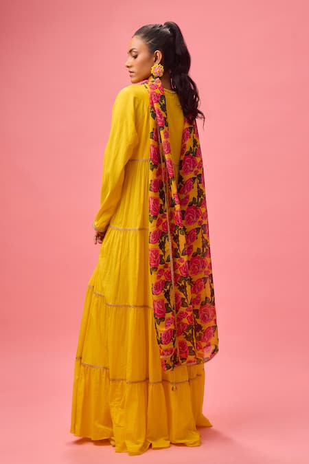 Nikasha Yellow Georgette, Cotton Embroidery Rose Applique Tiered Anarkali With Dupatta at Aza Fashions Nikasha_Yellow Georgette, Cotton Embroidery Rose Applique Tiered Anarkali With Dupatta _at_Aza_Fashions