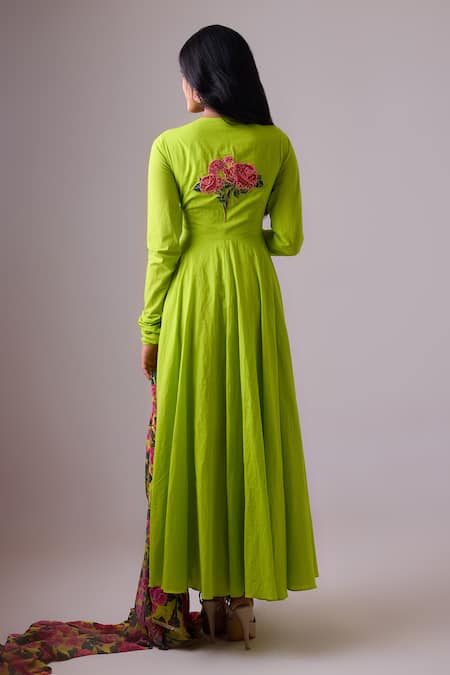 Shop Nikasha Green Cotton, Georgette Gulaab Applique Angarkha Anarkali With Dupatta at Aza Fashions Shop_Nikasha_Green Cotton, Georgette Gulaab Applique Angarkha Anarkali With Dupatta _at_Aza_Fashions