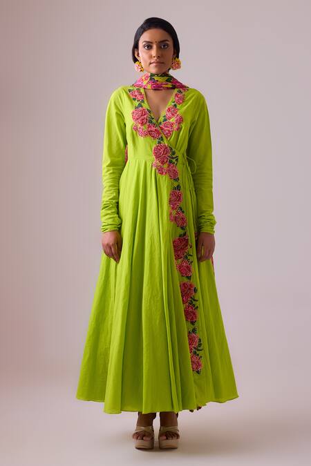 Nikasha Green Cotton, Georgette Gulaab Applique Angarkha Anarkali With Dupatta Online at Aza Fashions Nikasha_Green Cotton, Georgette Gulaab Applique Angarkha Anarkali With Dupatta _Online_at_Aza_Fashions