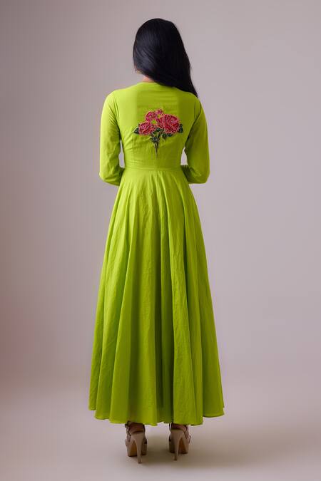 Nikasha Green Cotton, Georgette Gulaab Applique Angarkha Anarkali With Dupatta at Aza Fashions Nikasha_Green Cotton, Georgette Gulaab Applique Angarkha Anarkali With Dupatta _at_Aza_Fashions