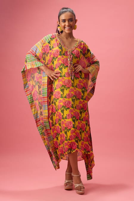 Nikasha Phool Print & Madras Checkered Applique Kaftan 