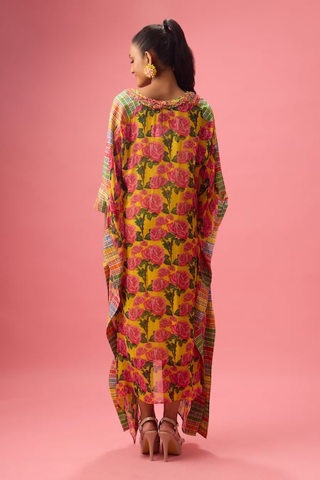 Shop Nikasha Yellow Cotton, Georgette V-neck Phool Print And Madras Checkered Applique Kaftan at Aza Fashions Shop_Nikasha_Yellow Cotton, Georgette V-neck Phool Print And Madras Checkered Applique Kaftan _at_Aza_Fashions