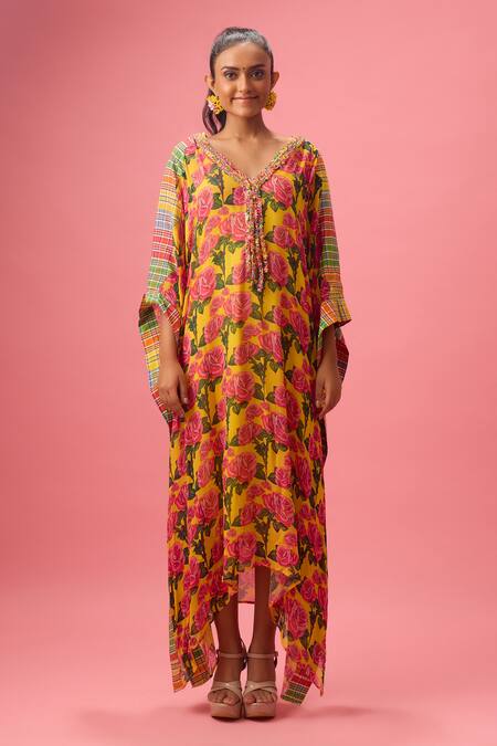 Nikasha Yellow Cotton, Georgette V-neck Phool Print And Madras Checkered Applique Kaftan Online at Aza Fashions Nikasha_Yellow Cotton, Georgette V-neck Phool Print And Madras Checkered Applique Kaftan _Online_at_Aza_Fashions