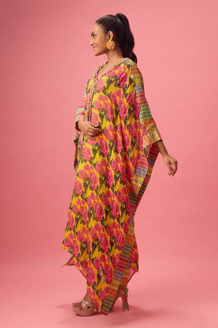 Buy Nikasha Yellow Cotton, Georgette V-neck Phool Print And Madras Checkered Applique Kaftan Online at Aza Fashions Buy_Nikasha_Yellow Cotton, Georgette V-neck Phool Print And Madras Checkered Applique Kaftan _Online_at_Aza_Fashions