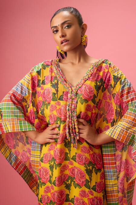 Shop Nikasha Yellow Cotton, Georgette V-neck Phool Print And Madras Checkered Applique Kaftan Online at Aza Fashions Shop_Nikasha_Yellow Cotton, Georgette V-neck Phool Print And Madras Checkered Applique Kaftan _Online_at_Aza_Fashions
