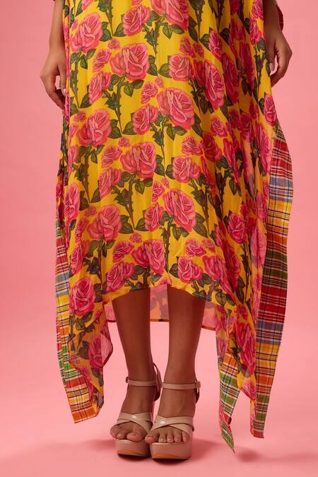 Nikasha Yellow Cotton, Georgette V-neck Phool Print And Madras Checkered Applique Kaftan at Aza Fashions Nikasha_Yellow Cotton, Georgette V-neck Phool Print And Madras Checkered Applique Kaftan _at_Aza_Fashions