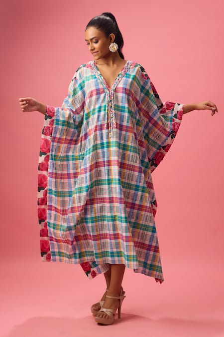 Shop_Nikasha_Multi Color Cotton Applique V-neck Madras Checkered Kaftan _at_Aza_Fashions