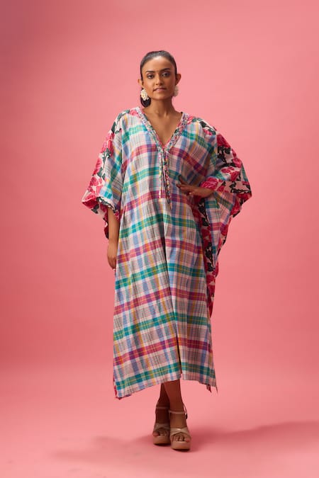 Nikasha_Multi Color Cotton Applique V-neck Madras Checkered Kaftan _Online_at_Aza_Fashions