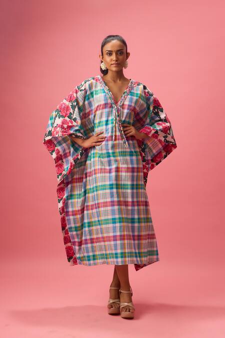 Buy_Nikasha_Multi Color Cotton Applique V-neck Madras Checkered Kaftan _Online_at_Aza_Fashions