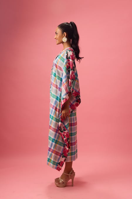 Shop_Nikasha_Multi Color Cotton Applique V-neck Madras Checkered Kaftan _Online_at_Aza_Fashions