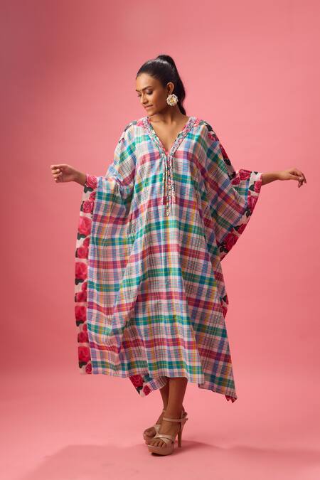 Nikasha_Multi Color Cotton Applique V-neck Madras Checkered Kaftan _at_Aza_Fashions