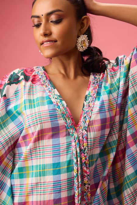 Buy_Nikasha_Multi Color Cotton Applique V-neck Madras Checkered Kaftan 