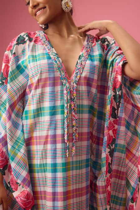 Shop_Nikasha_Multi Color Cotton Applique V-neck Madras Checkered Kaftan 