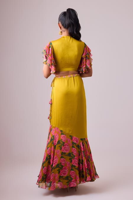 Shop Nikasha Yellow Georgette, Modal, Silk Satin Applique, Embroidery Gulaab Lehenga Set at Aza Fashions Shop_Nikasha_Yellow Georgette, Modal, Silk Satin Applique, Embroidery Gulaab Lehenga Set _at_Aza_Fashions