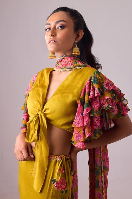 Nikasha Yellow Georgette, Modal, Silk Satin Applique, Embroidery Gulaab Lehenga Set at Aza Fashions Nikasha_Yellow Georgette, Modal, Silk Satin Applique, Embroidery Gulaab Lehenga Set _at_Aza_Fashions