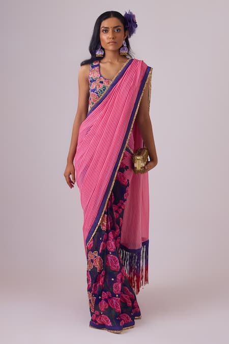 Nikasha Pink 100% Georgette Print Stripe Blossom Scoop Neck Saree With Blouse 