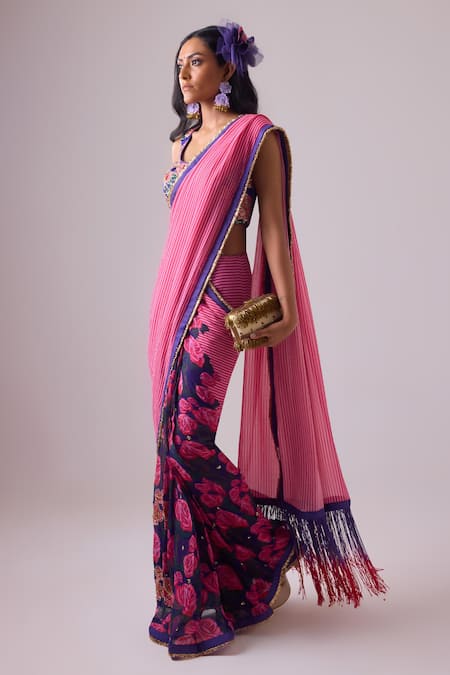 Shop Nikasha Pink Georgette, Silk Satin, Modal Stripe Blossom Print Saree With Blouse at Aza Fashions Shop_Nikasha_Pink Georgette, Silk Satin, Modal Stripe Blossom Print Saree With Blouse _at_Aza_Fashions