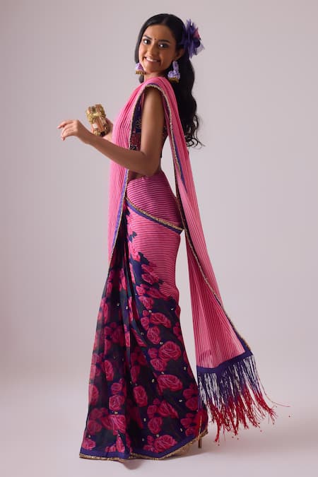 Nikasha Pink Georgette, Silk Satin, Modal Stripe Blossom Print Saree With Blouse Online at Aza Fashions Nikasha_Pink Georgette, Silk Satin, Modal Stripe Blossom Print Saree With Blouse _Online_at_Aza_Fashions