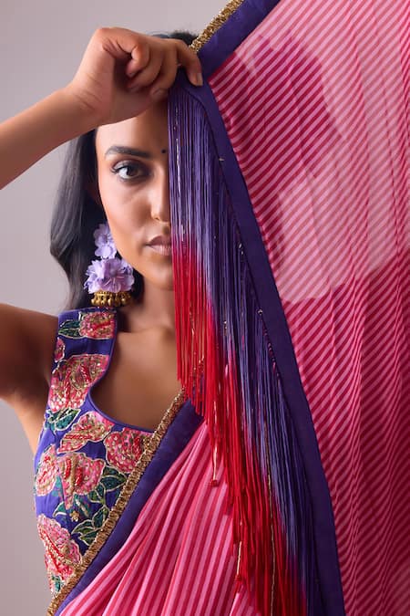 Nikasha Pink Georgette, Silk Satin, Modal Stripe Blossom Print Saree With Blouse at Aza Fashions Nikasha_Pink Georgette, Silk Satin, Modal Stripe Blossom Print Saree With Blouse _at_Aza_Fashions
