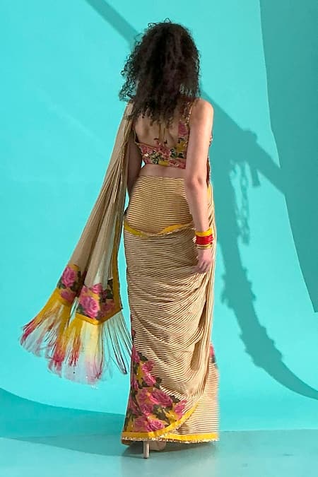 Shop Nikasha Red Georgette, Modal, Silk Satin Embroidery Stripe Bloom Print Saree With Blouse at Aza Fashions Shop_Nikasha_Red Georgette, Modal, Silk Satin Embroidery Stripe Bloom Print Saree With Blouse _at_Aza_Fashions