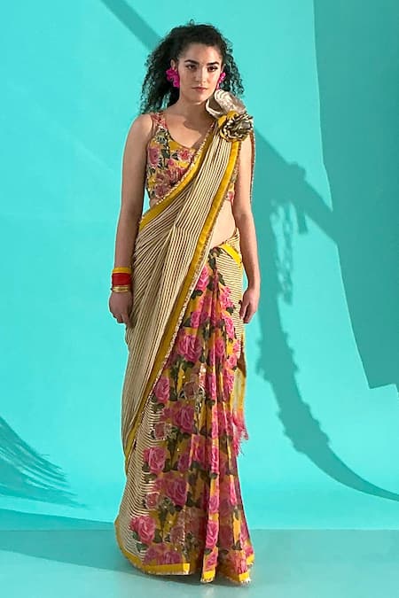 Nikasha Red Georgette, Modal, Silk Satin Embroidery Stripe Bloom Print Saree With Blouse Online at Aza Fashions Nikasha_Red Georgette, Modal, Silk Satin Embroidery Stripe Bloom Print Saree With Blouse _Online_at_Aza_Fashions