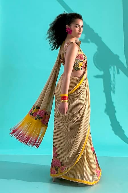 Buy Nikasha Red Georgette, Modal, Silk Satin Embroidery Stripe Bloom Print Saree With Blouse Online at Aza Fashions Buy_Nikasha_Red Georgette, Modal, Silk Satin Embroidery Stripe Bloom Print Saree With Blouse _Online_at_Aza_Fashions