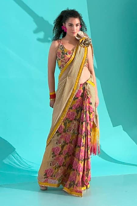 Shop Nikasha Red Georgette, Modal, Silk Satin Embroidery Stripe Bloom Print Saree With Blouse Online at Aza Fashions Shop_Nikasha_Red Georgette, Modal, Silk Satin Embroidery Stripe Bloom Print Saree With Blouse _Online_at_Aza_Fashions
