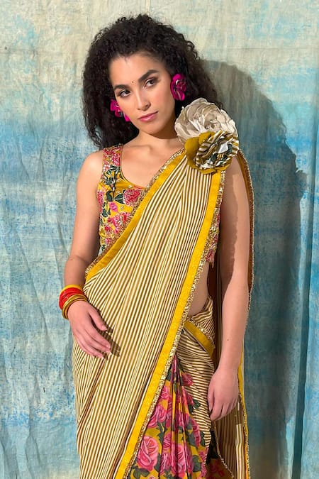 Nikasha Red Georgette, Modal, Silk Satin Embroidery Stripe Bloom Print Saree With Blouse at Aza Fashions Nikasha_Red Georgette, Modal, Silk Satin Embroidery Stripe Bloom Print Saree With Blouse _at_Aza_Fashions