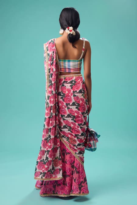 Shop Nikasha Pink Georgette, Cotton Embroidery Bahar Print Pre-draped Saree With Blouse at Aza Fashions Shop_Nikasha_Pink Georgette, Cotton Embroidery Bahar Print Pre-draped Saree With Blouse _at_Aza_Fashions