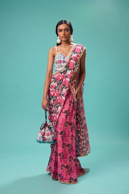 Nikasha Pink Georgette, Cotton Embroidery Bahar Print Pre-draped Saree With Blouse Online at Aza Fashions Nikasha_Pink Georgette, Cotton Embroidery Bahar Print Pre-draped Saree With Blouse _Online_at_Aza_Fashions